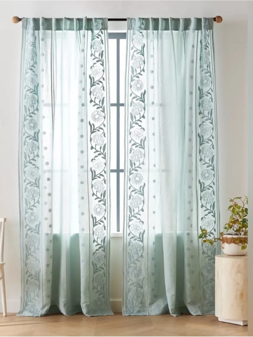 Anthropologie Manette Embroidered Cotton Linen Sheer Curtain 50x63 Blue